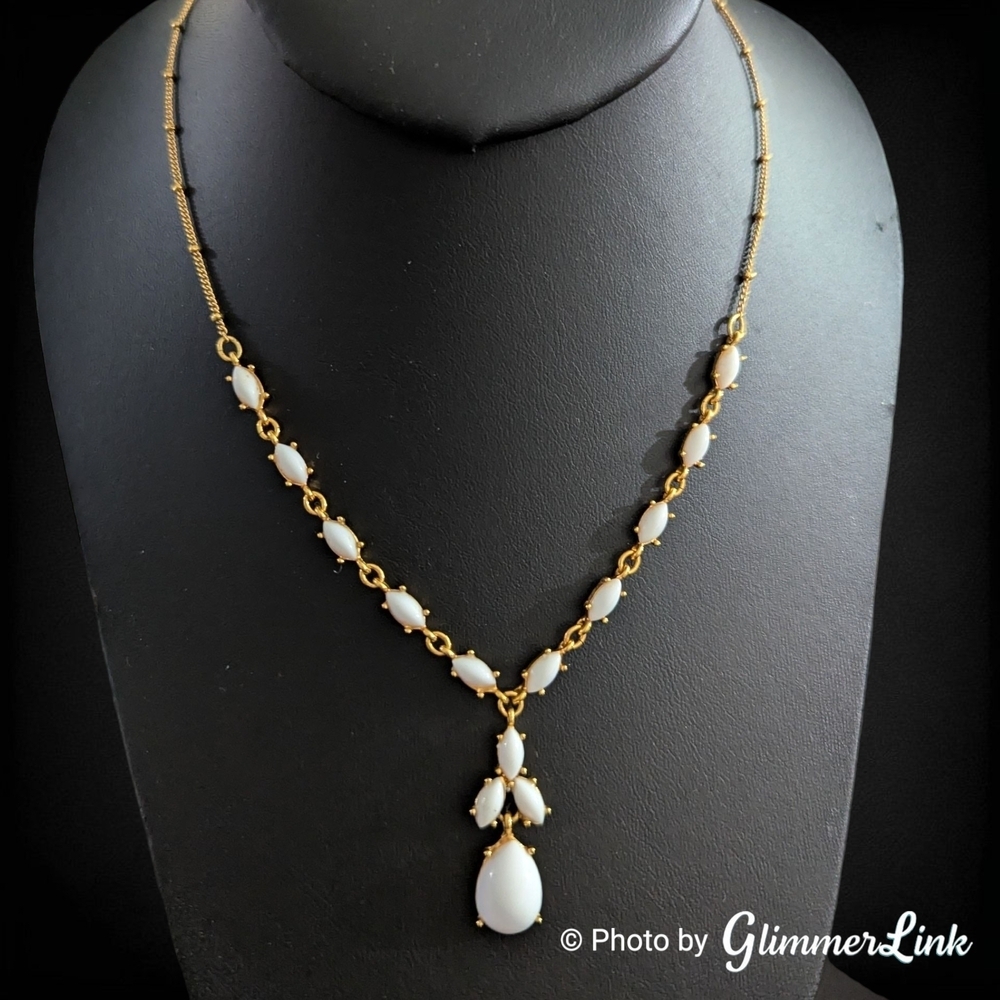 Avon 2009 White Cabochon Y Style Necklace Gold Tone Drop Pendant